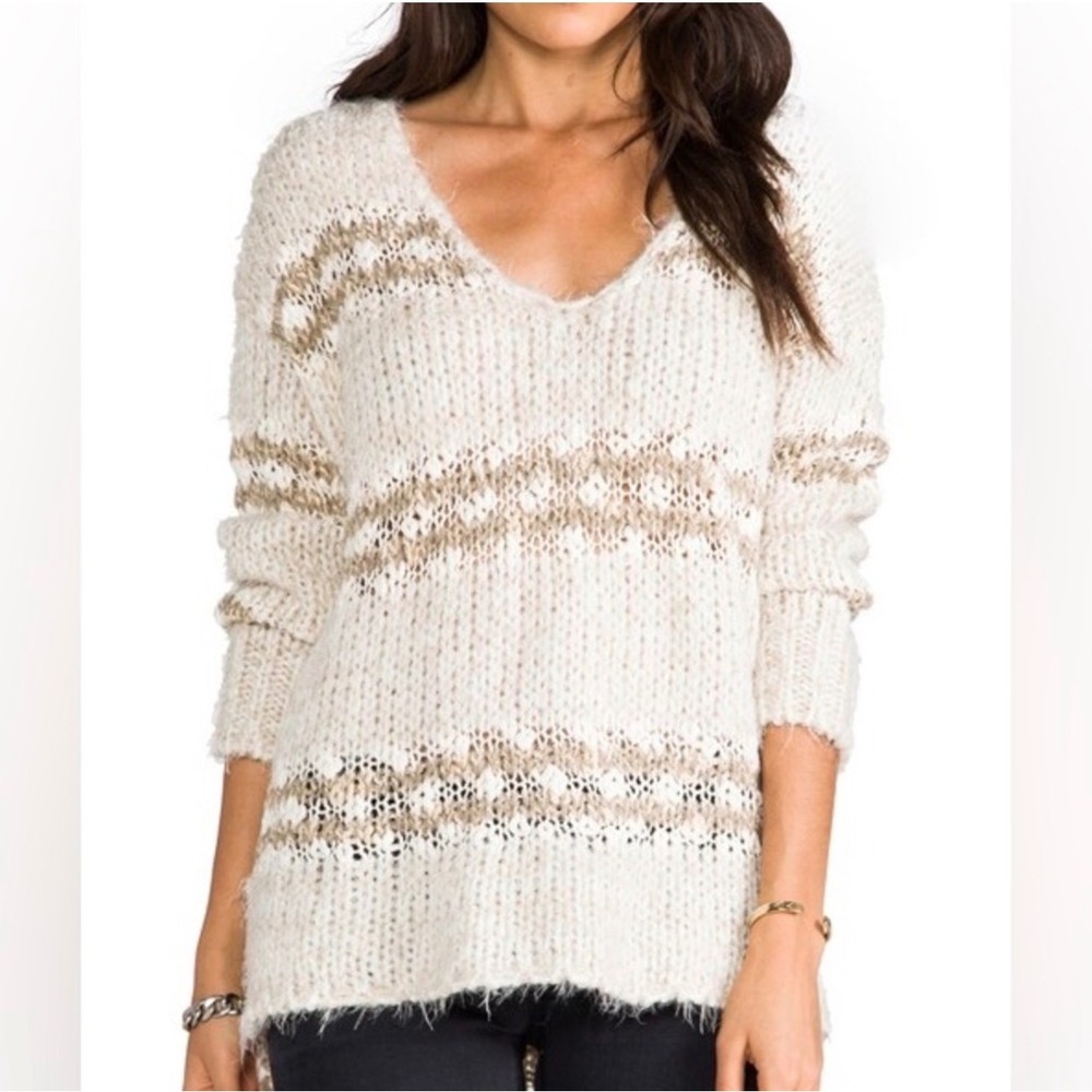 Free People Linus Oversized Striped V-Neck‎ Fuzzy Chunky Knit Sweater Beige Sz M